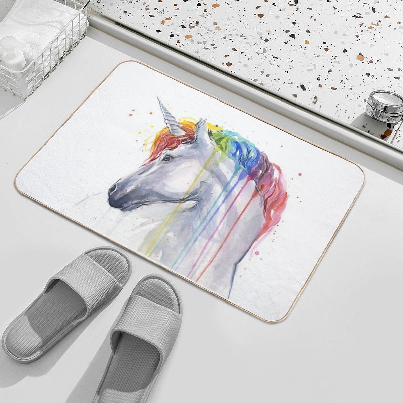 Rainbow Unicorn Watercolor  Easy To Clean Bath Mat