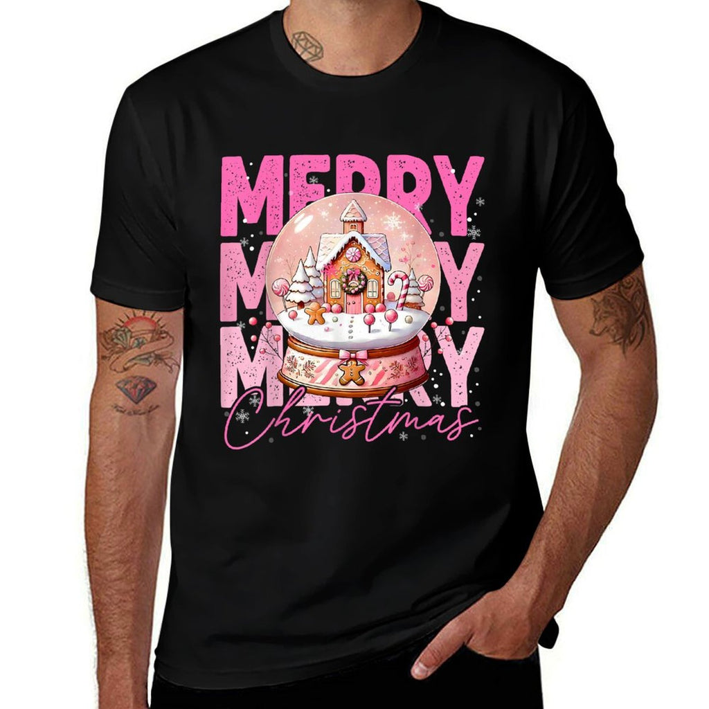 Cute Merry Christmas Snow Globe Pink Gingerbread House Xmas  Moisture-wicking T-Shirt