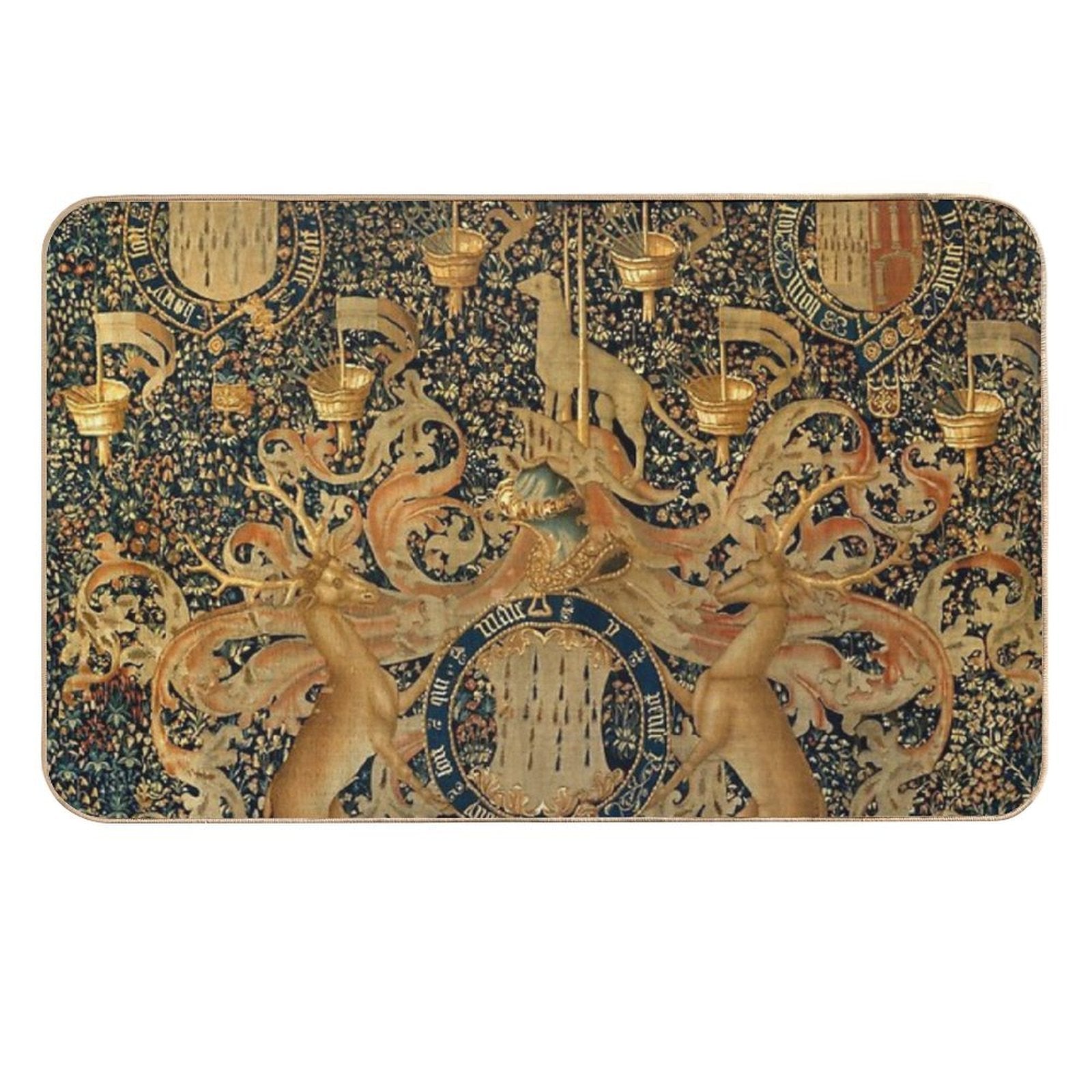 Gold Navy Blue Antique Heraldic Tapestry with Harts,Armorial Bearings Badges of John  Multi-Purpose Bath Mat