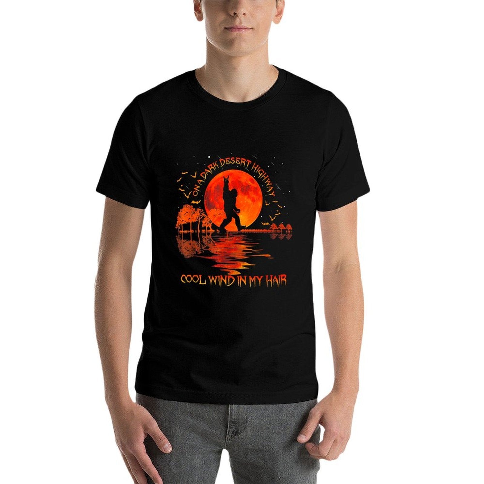 Bigfoot On A Dark Desert Highway Hand Rock And Roll  Slim-fit Cut T-Shirt