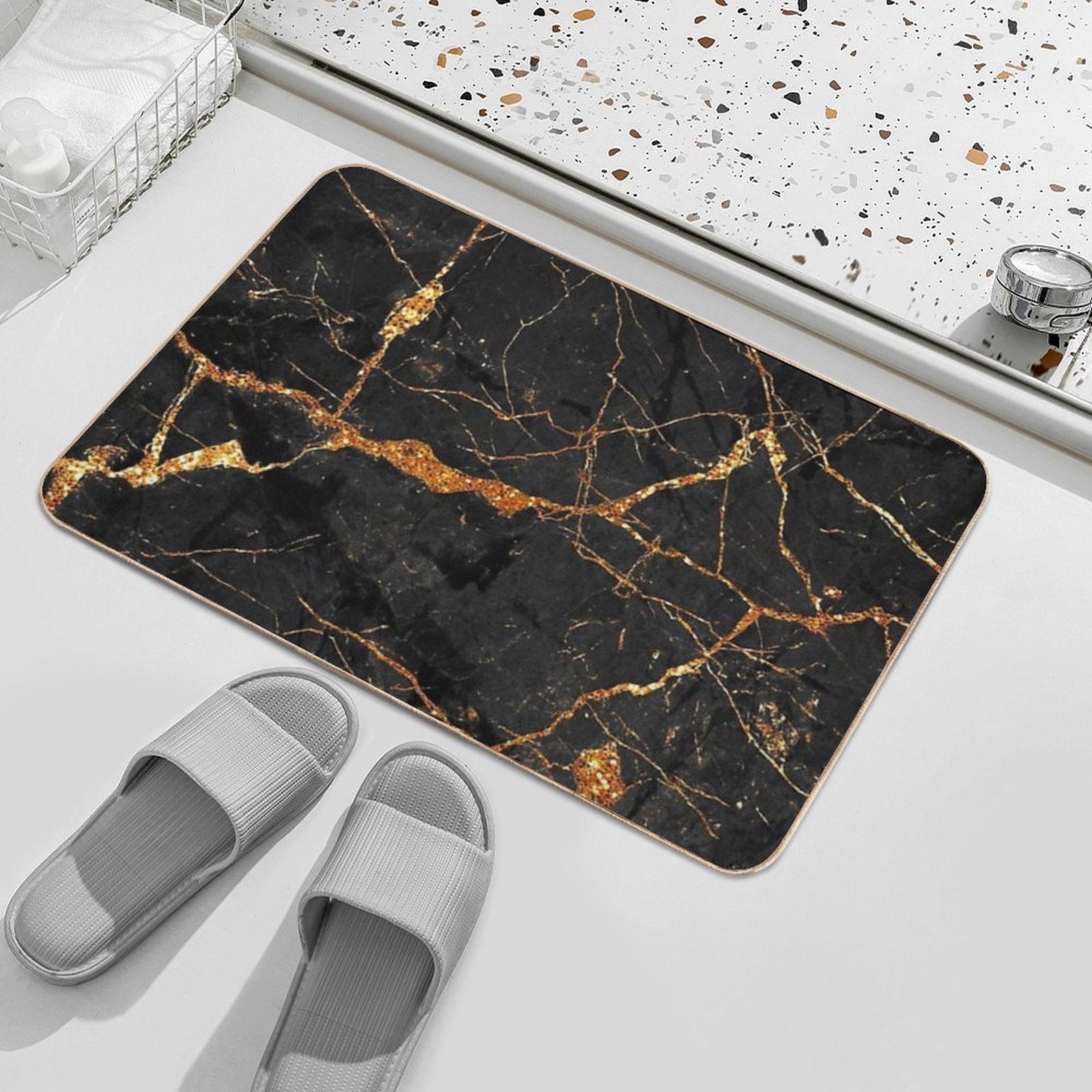 Faux Black Marble with Gold Glitter Veins Durable Bath Mat