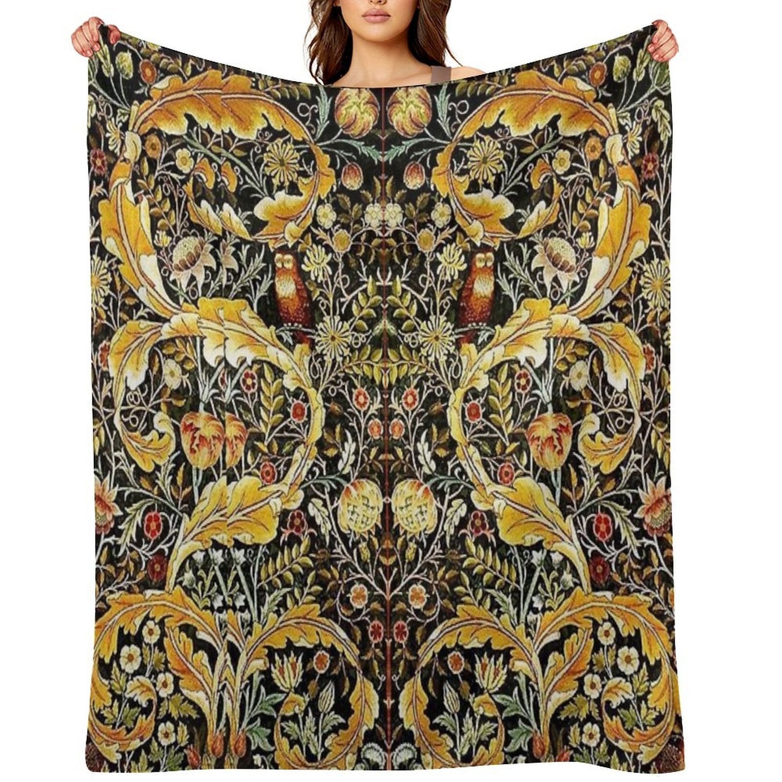 OWL ON ACANTHUS LEAVES AND FLOWERS Yellow Brown Floral Premium Throw Blanket