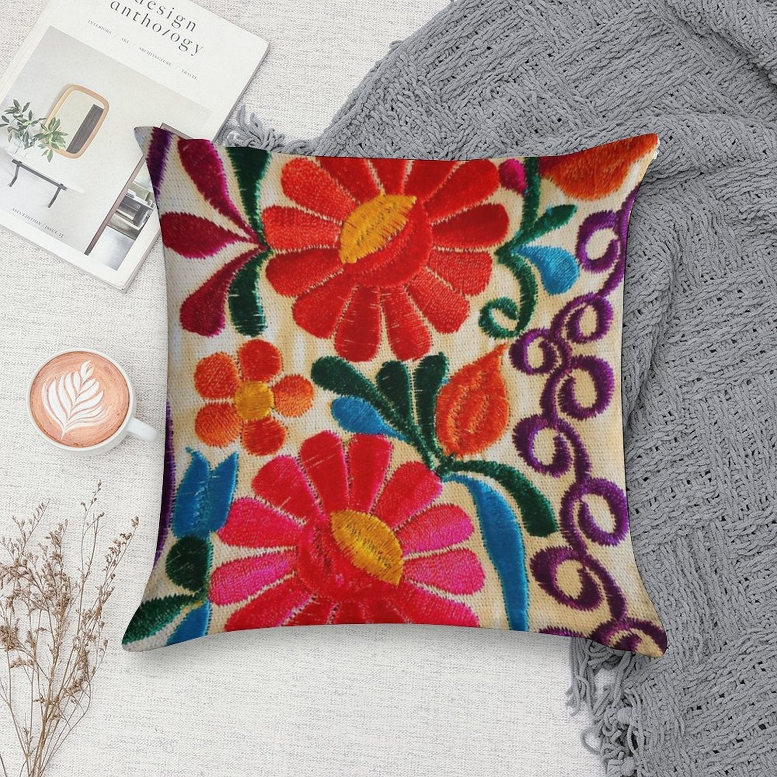 Mexico's Flowers Soft Short Plush Fabric Throw Pillow