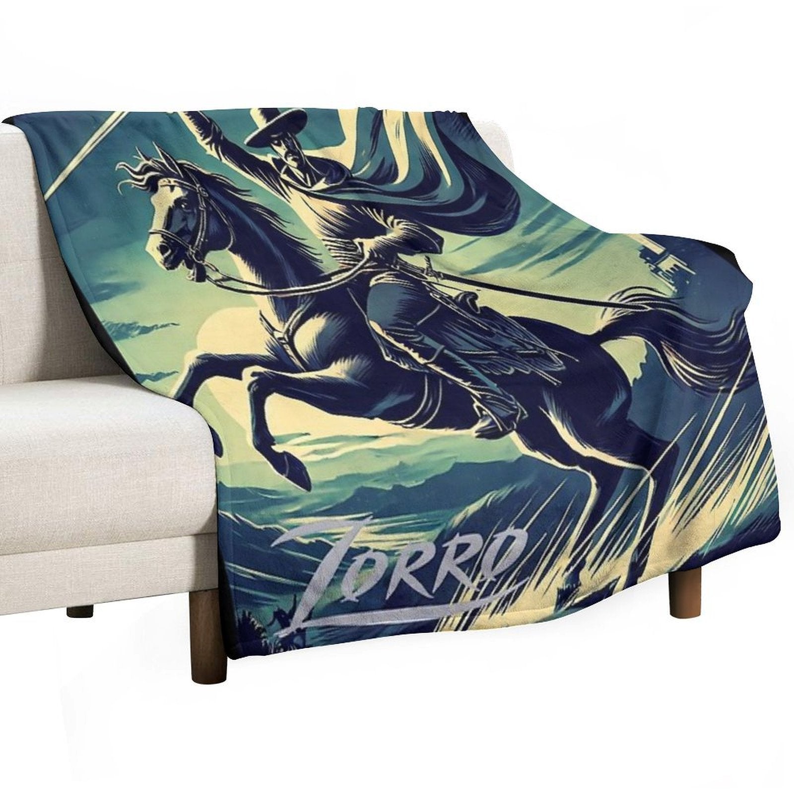 Vintage Zorro on Horseback with His Sword Sustainable Throw Blanket