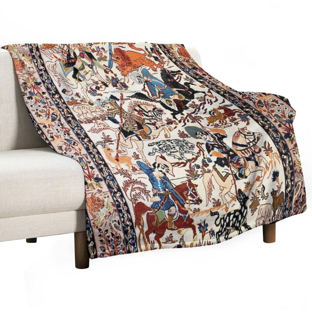 Blue Antique Persian Isfahan Silk Rug with Flowers Animals Print Quick-dry Throw Blanket