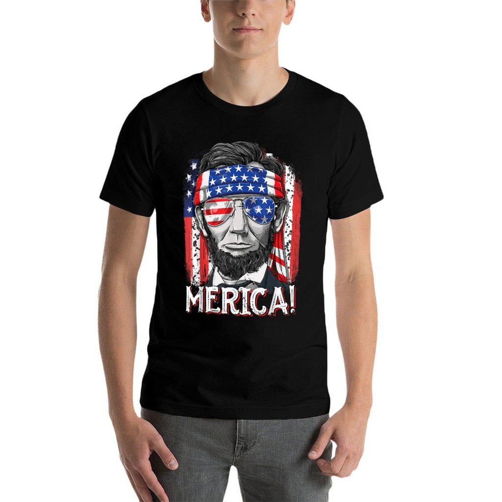Lincoln 4th Of July Merica Abe Boys Men Women American Flag  Rolled Sleeves T-Shirt