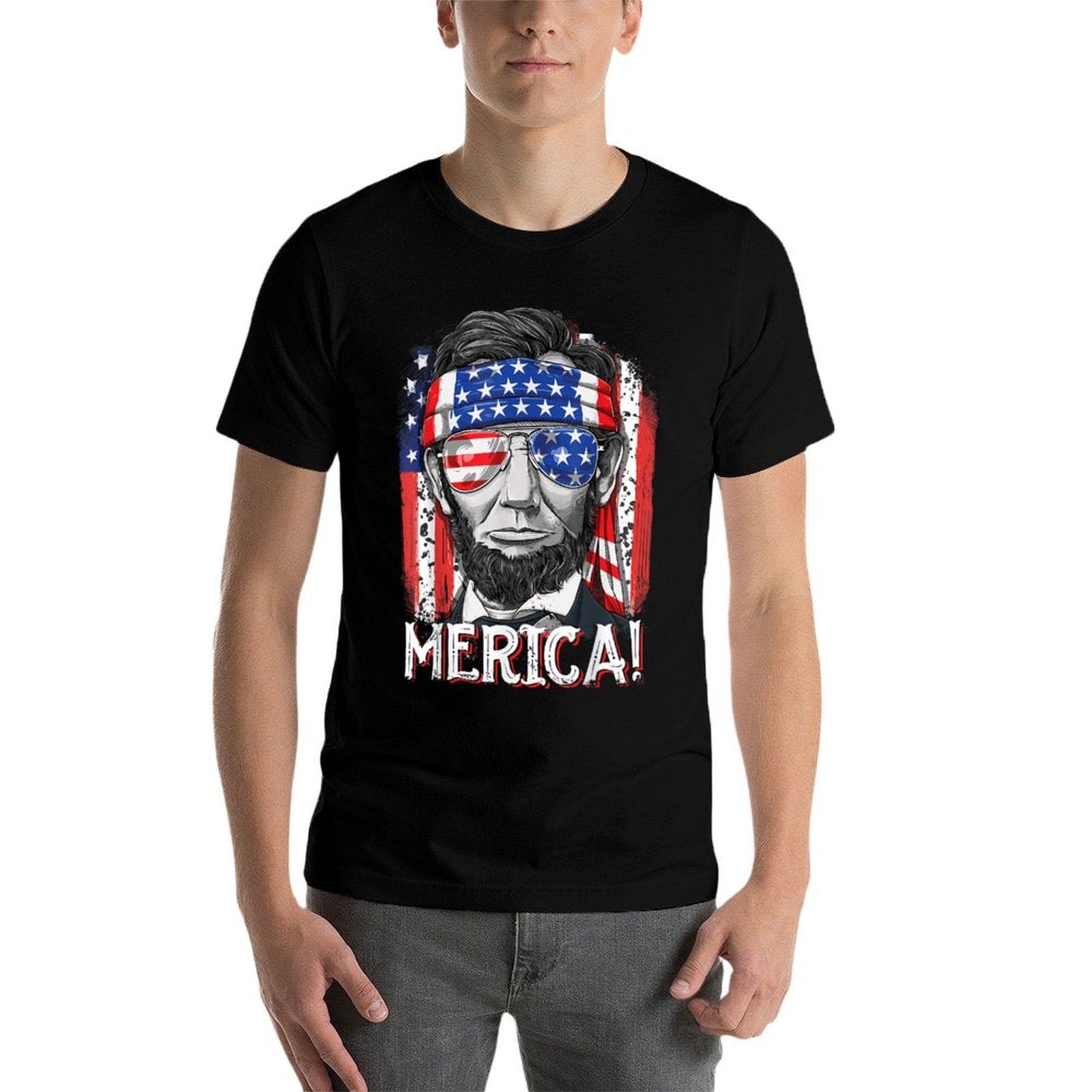 Lincoln 4th Of July Merica Abe Boys Men Women American Flag  Rolled Sleeves T-Shirt