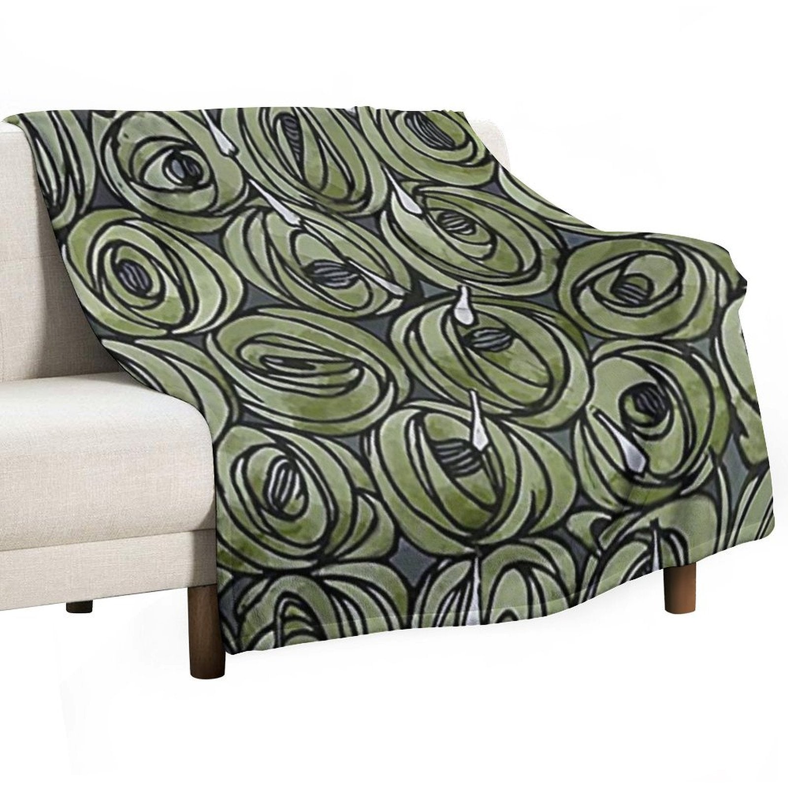 Charles Rennie Mackintosh - Roses  Teardrops, Olive Green Plush Throw Blanket