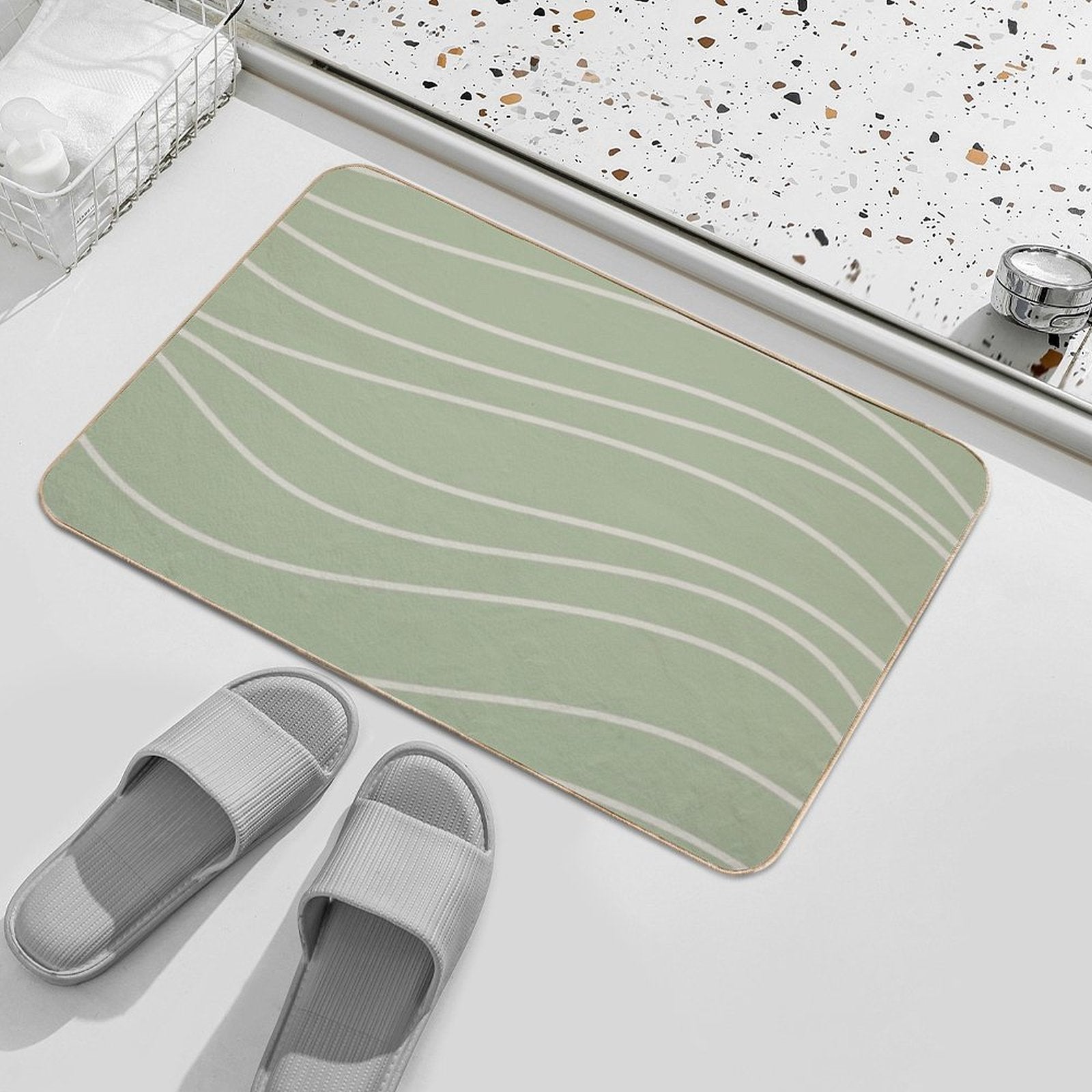 Sage Waves - Minimalist Abstract Line Pattern in Sage Green And Beige  Odorless Bath Mat