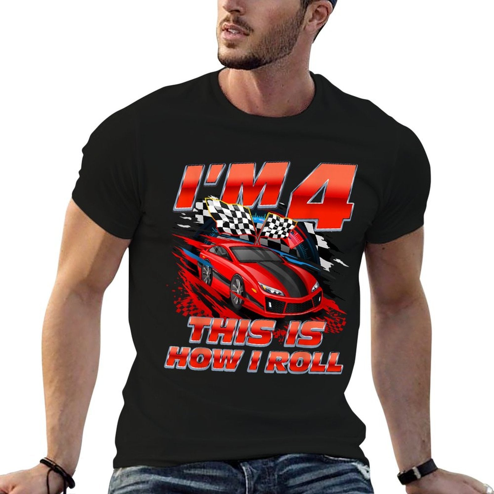 4 Year Old Race Car 4th Birthday Racecar Racing Boy Kids  Rolled Sleeves T-Shirt