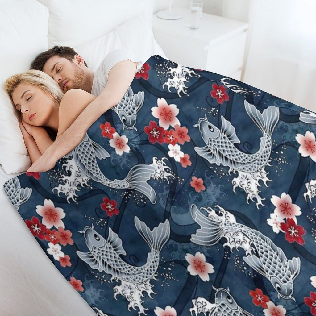 Koi Sakura Blossom in Blue Anti-pilling Throw Blanket