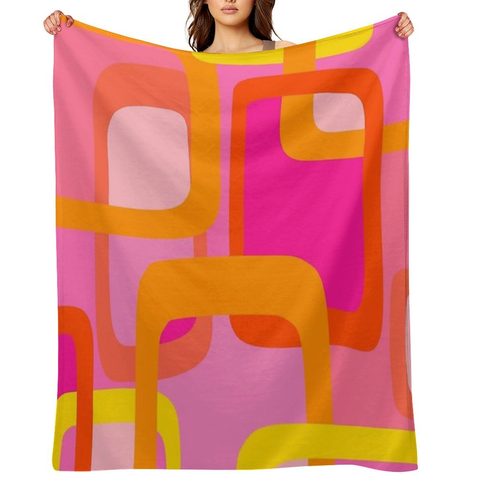 Iconic Mid Century Modern Pattern in Pink And Orange Plush Throw Blanket