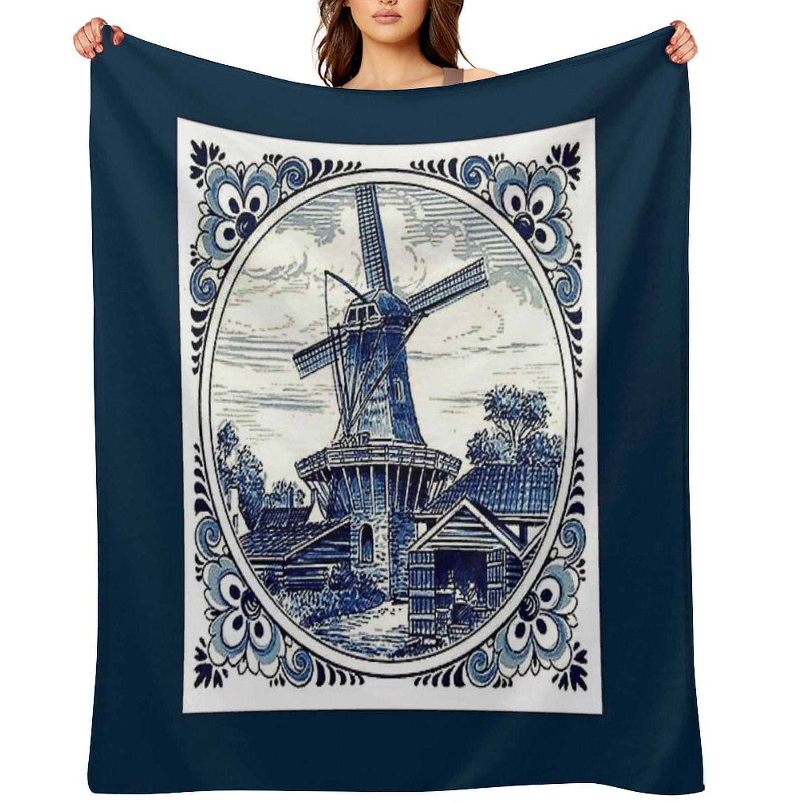 DUTCH BLUE DELFT  Vintage Windmill  Print Sustainable Throw Blanket