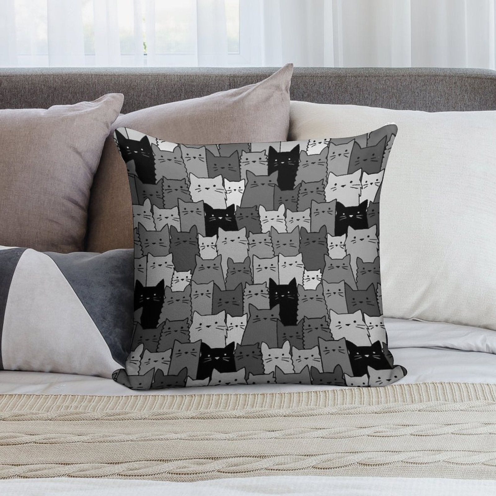 Silent Cats Monochromatic Soft Short Plush Fabric Throw Pillow