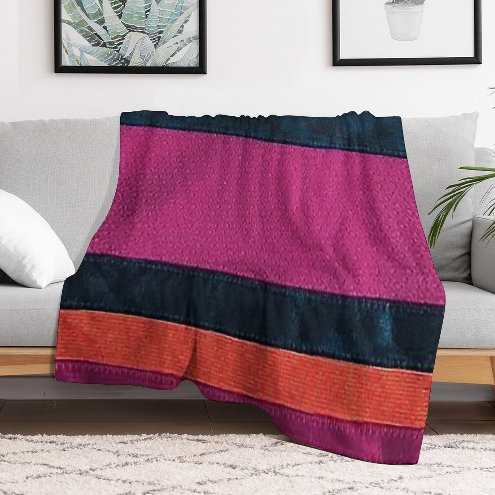 Hockey Jersey Stripes, Magenta  Blue Orange Stripes Premium Throw Blanket