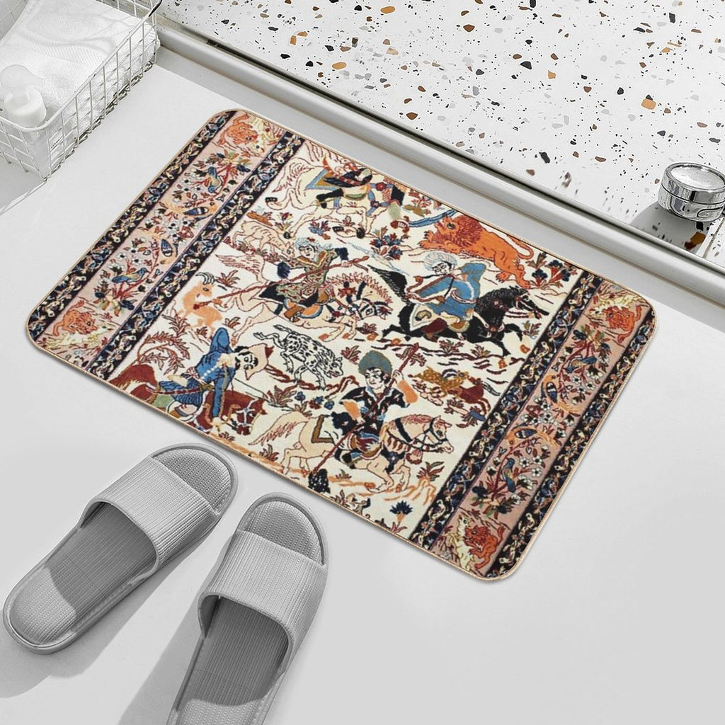 Blue Antique Persian Isfahan Silk Rug with Flowers Animals Print  Multi-Purpose Bath Mat