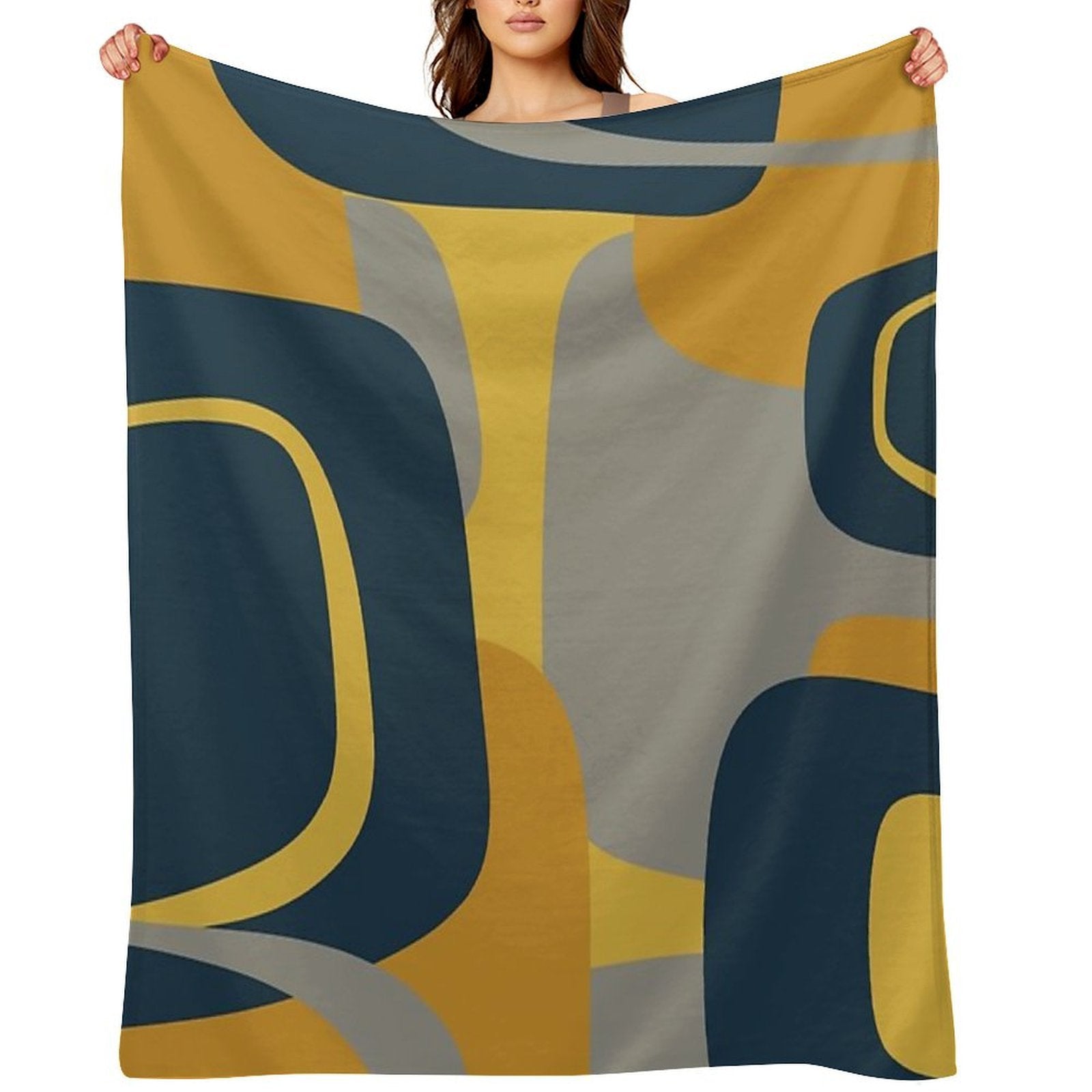 Mid Century Modern Retro Abstract Pattern in Navy Blue, Mustard Yellow, And Gray Lightweight Throw Blanket