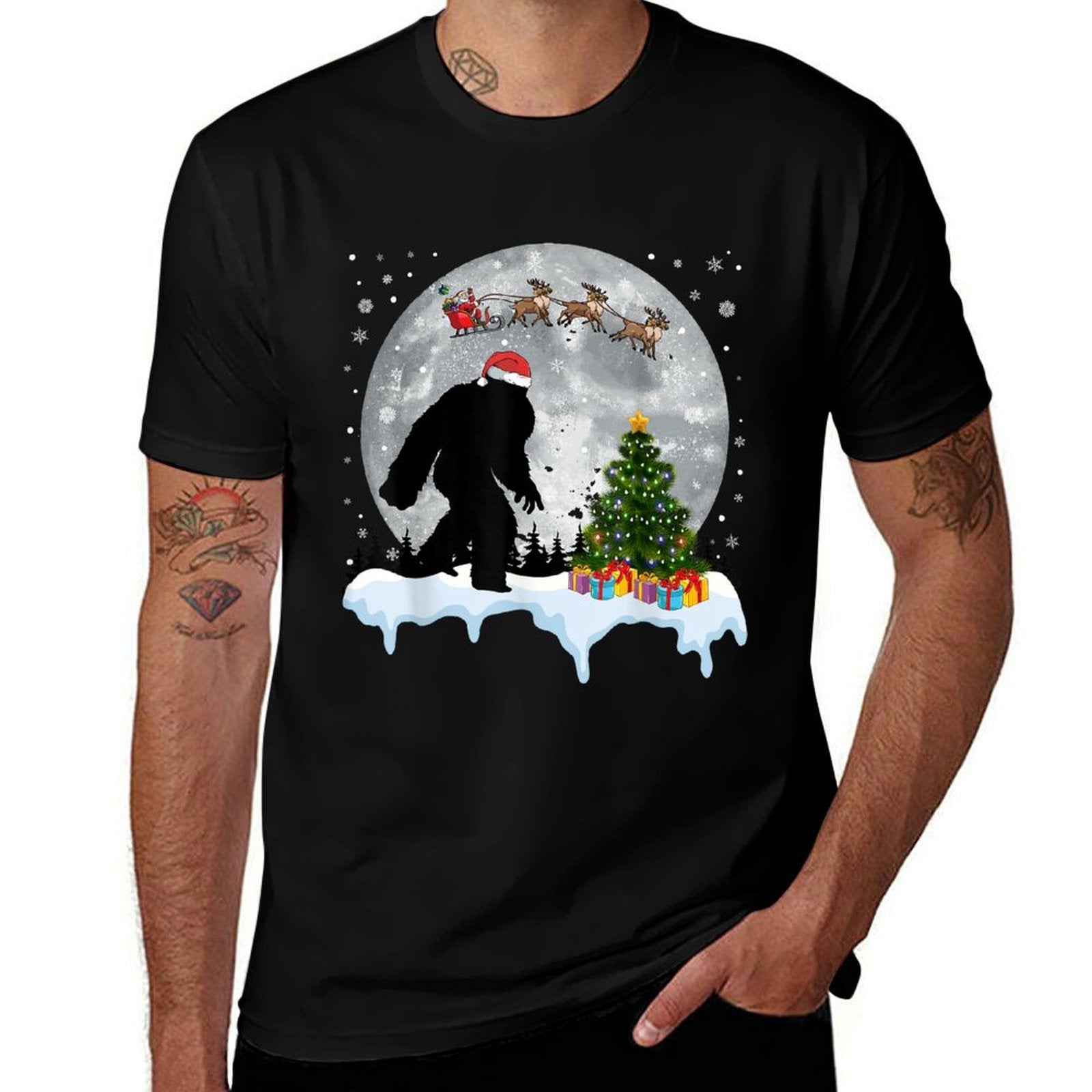 Christmas Bigfoot Santa Tree Sleigh Moon Reindeer Snow  Slim-fit Cut T-Shirt