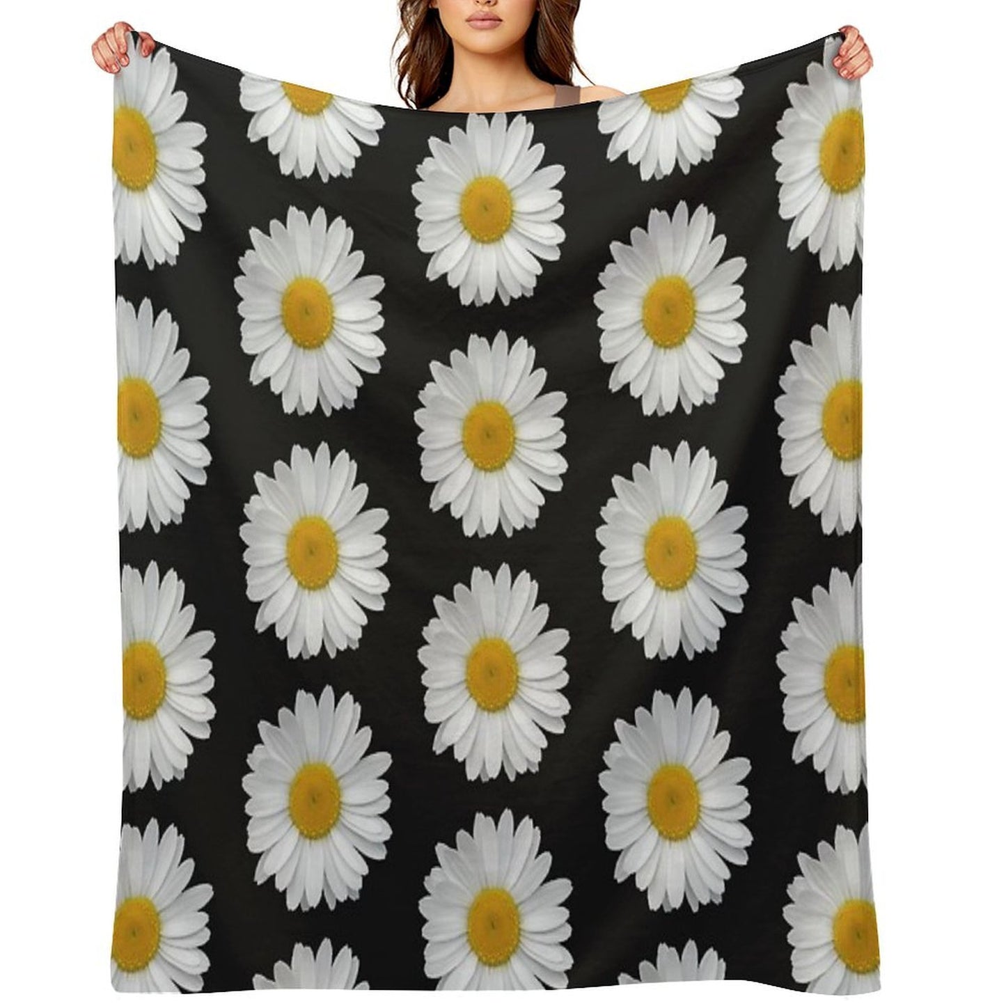 Modern Simple Elegant White Daisy Flowers on Black Anti-pilling Throw Blanket
