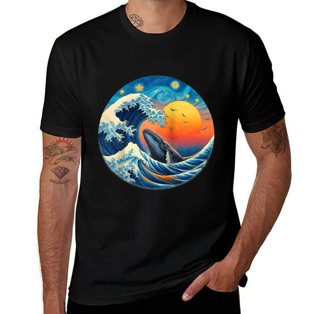 Sunset Whale Wave - Ocean, Starry Night, Sky, Van Gogh Style Raglan Baseball  Durable T-Shirt