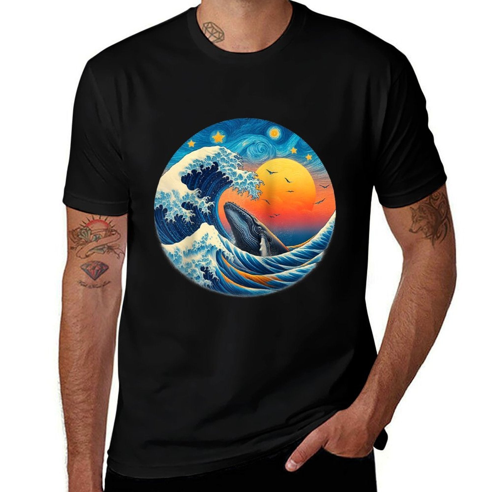 Sunset Whale Wave - Ocean, Starry Night, Sky, Van Gogh Style Raglan Baseball  Durable T-Shirt
