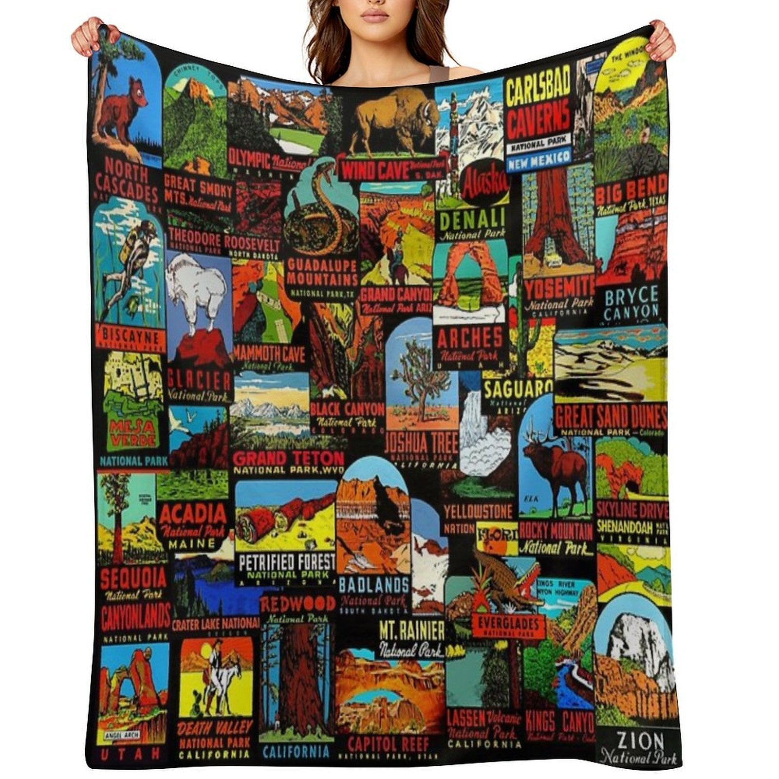 American National Parks Vintage Travel Decal Bomb Shrink-resistant Throw Blanket