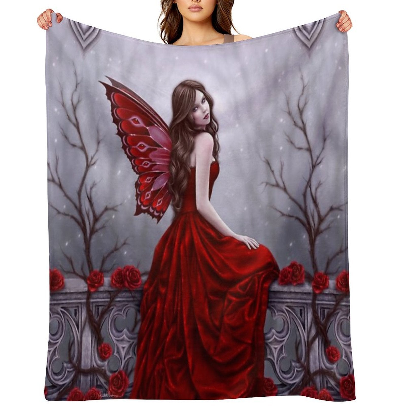 Winter Rose Butterfly Fairy Compact Throw Blanket