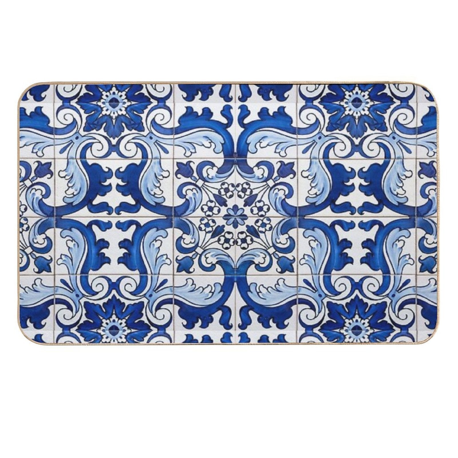 Antique Classic Lisbon Blue Azulejo Tile Floral Pattern  Pet-Safe Bath Mat