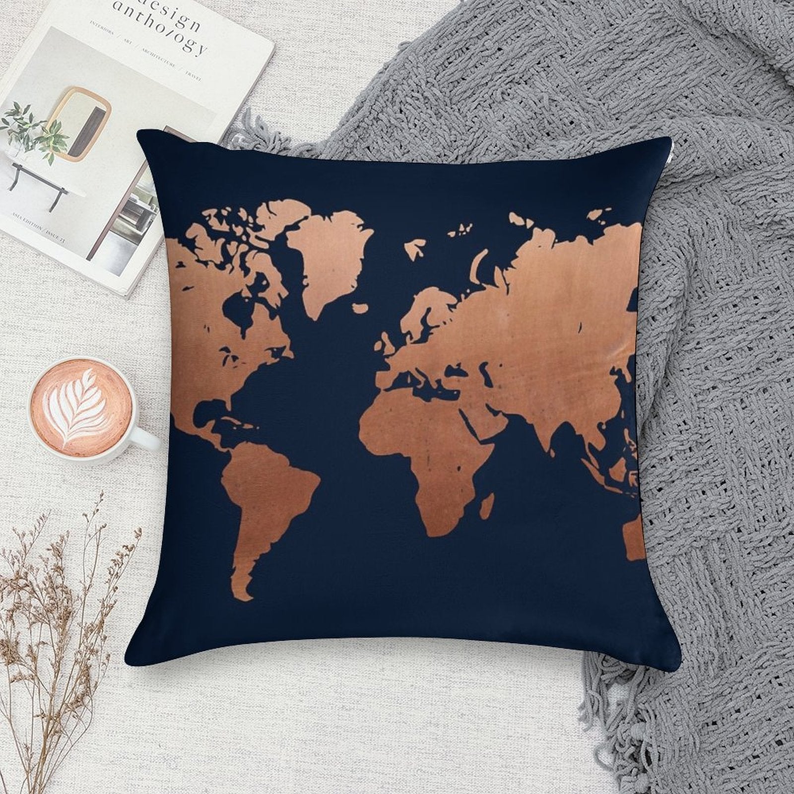 World Map - Navy Blue And Copper Soft Luxury Feel Throw Pillow