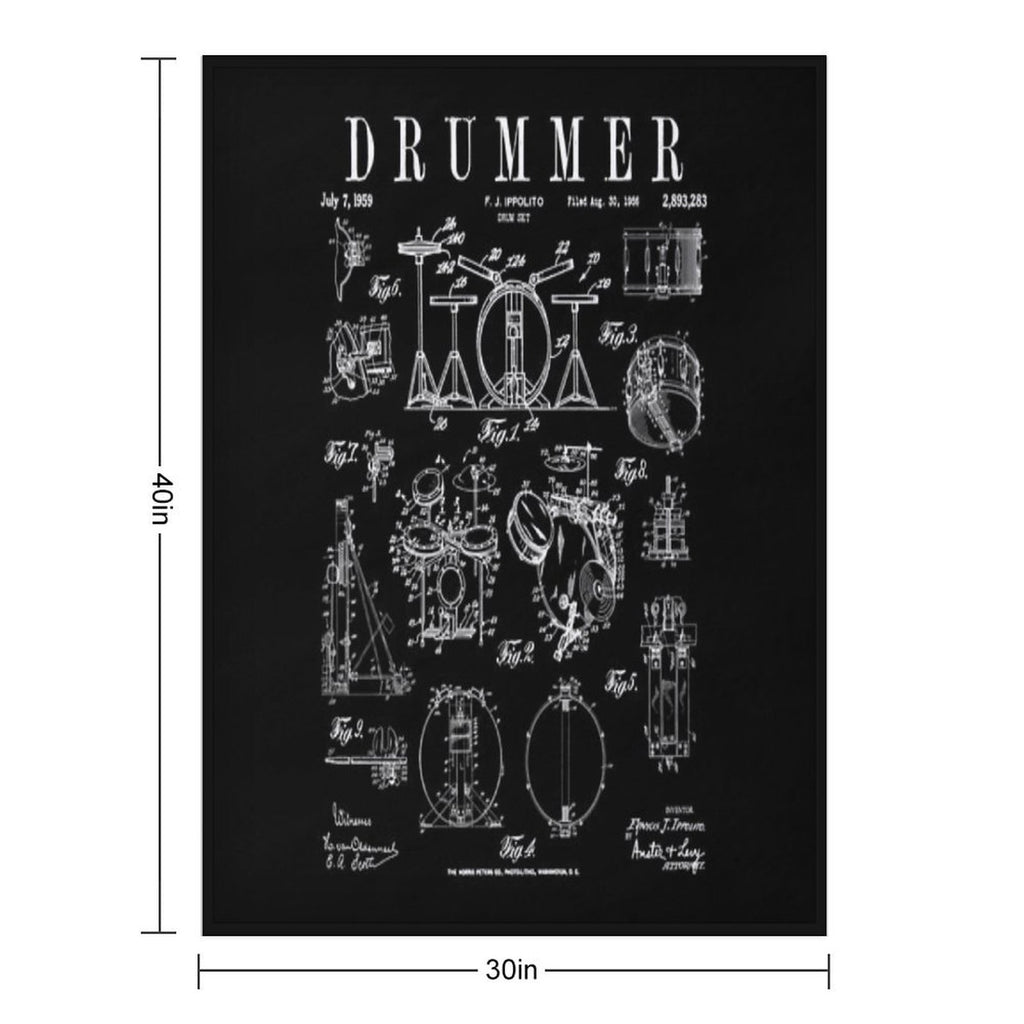 Drum Set Kit Vintage Patent Drummer Drawing Print Easy Care Throw Blanket