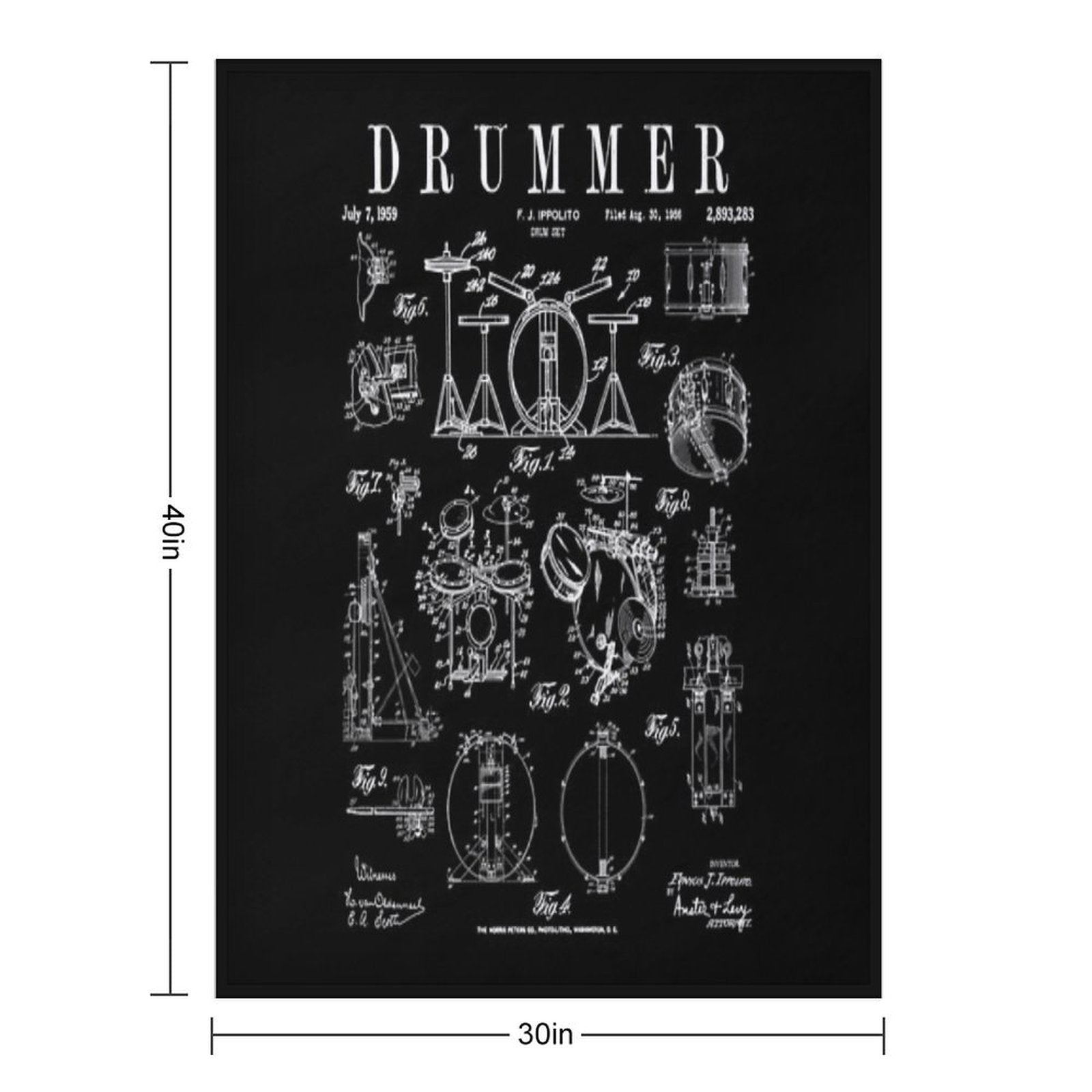 Drum Set Kit Vintage Patent Drummer Drawing Print Easy Care Throw Blanket