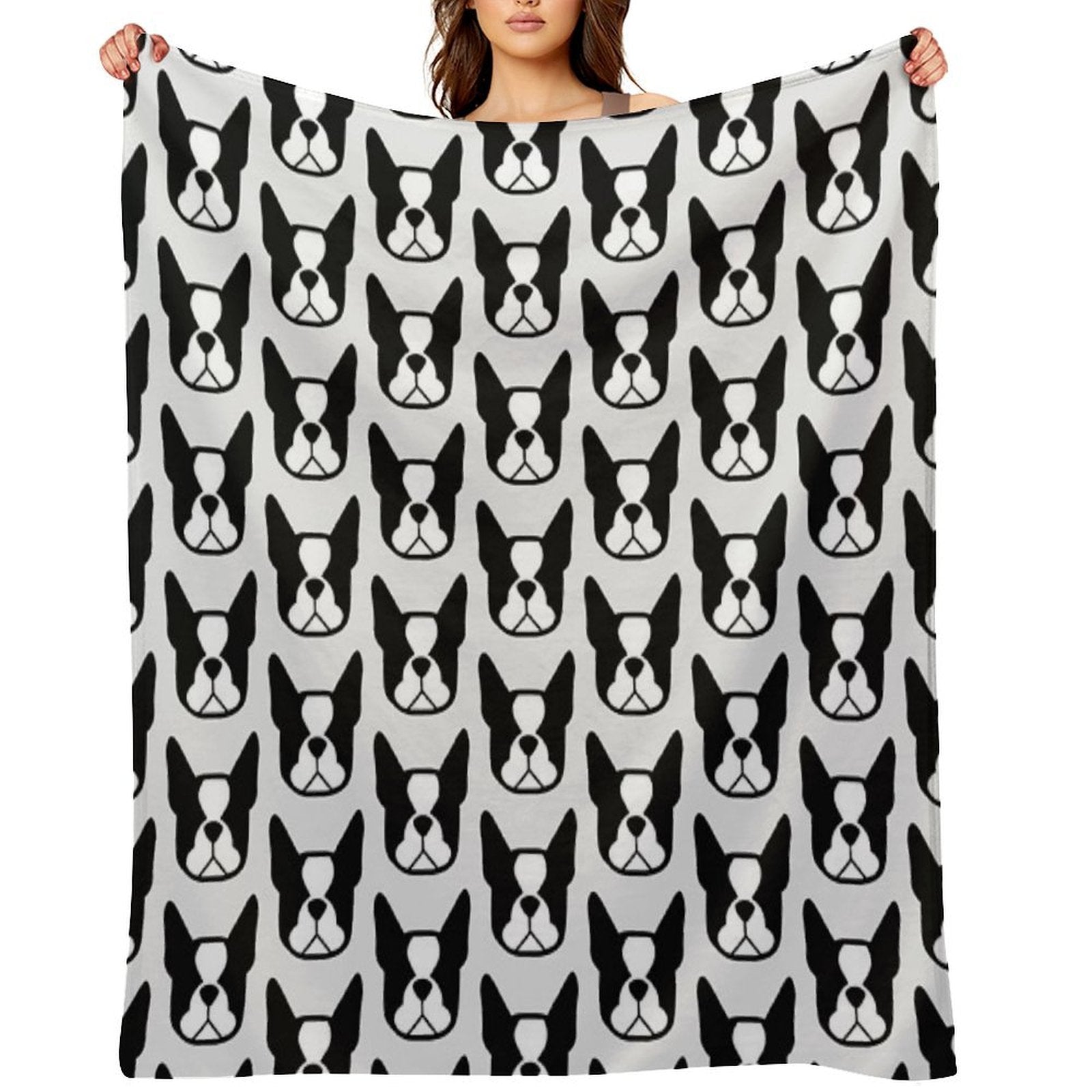 Boston Terrier Face in Black And White - Bold Boston Silhouette - Copyright Smooshface United - Boston Terrier Gift Machine-washable Throw Blanket