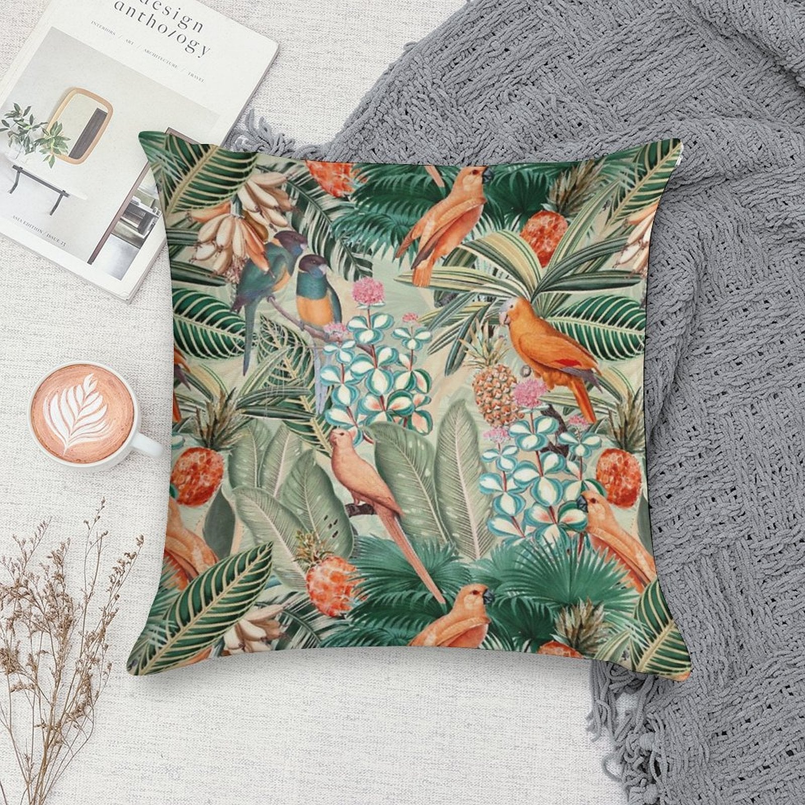 Vintage Orange Tropical Bird Jungle Botanical Garden Nightgarden Soft Style Accent Throw Pillow