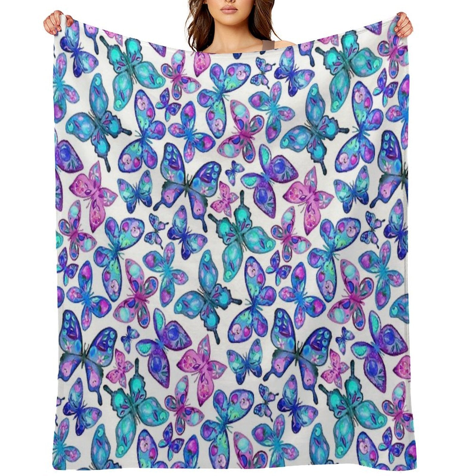 Watercolor Fruit Patterned Butterflies - Aqua And Sapphire Compact Throw Blanket