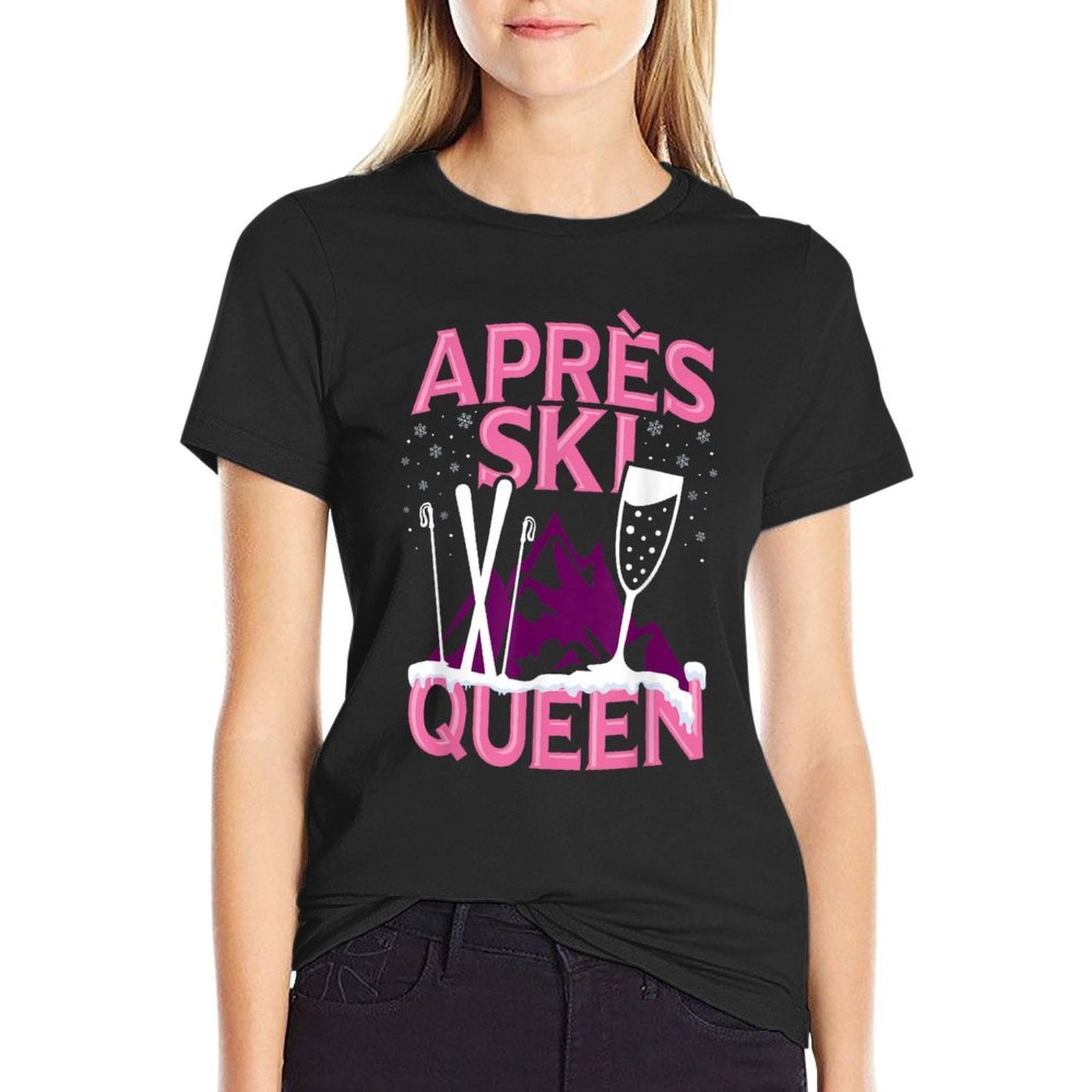 Funny Apres Ski Queen Skiing Winter Sports Party Fun  Ribbed Collar T-Shirt