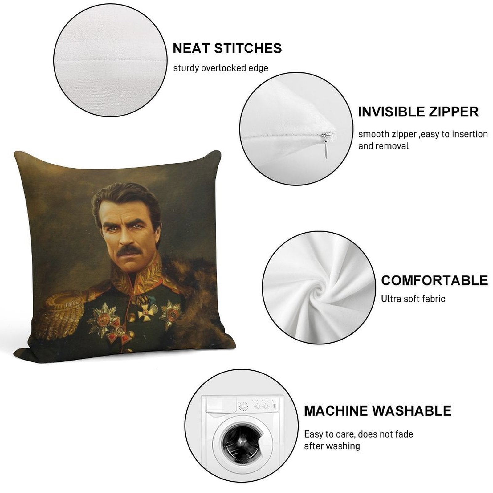Tom Selleck - Replaceface Soft Short Plush Fabric Throw Pillow