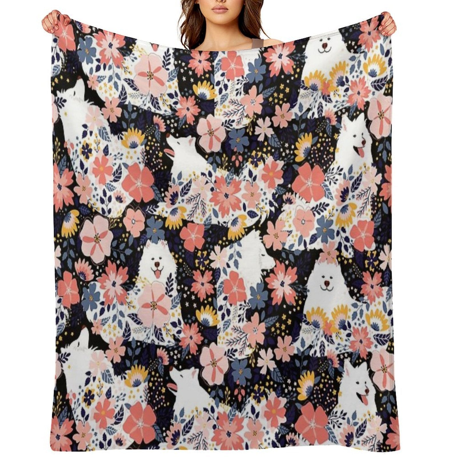 Cute Samoyed Garden - Black Background Shrink-resistant Throw Blanket