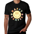 Smiling Face Groovy Retro Floral Happy Camper Camping Lover  Rolled Sleeves T-Shirt