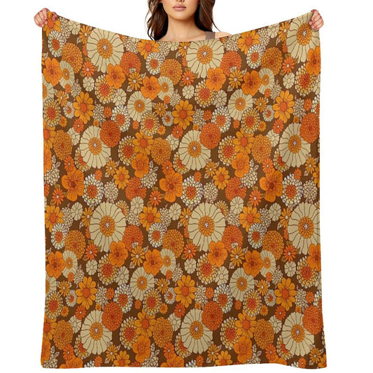70s Retro Daisies, Vintage Flower Power, Orange And Brown, Boho, Premium Throw Blanket