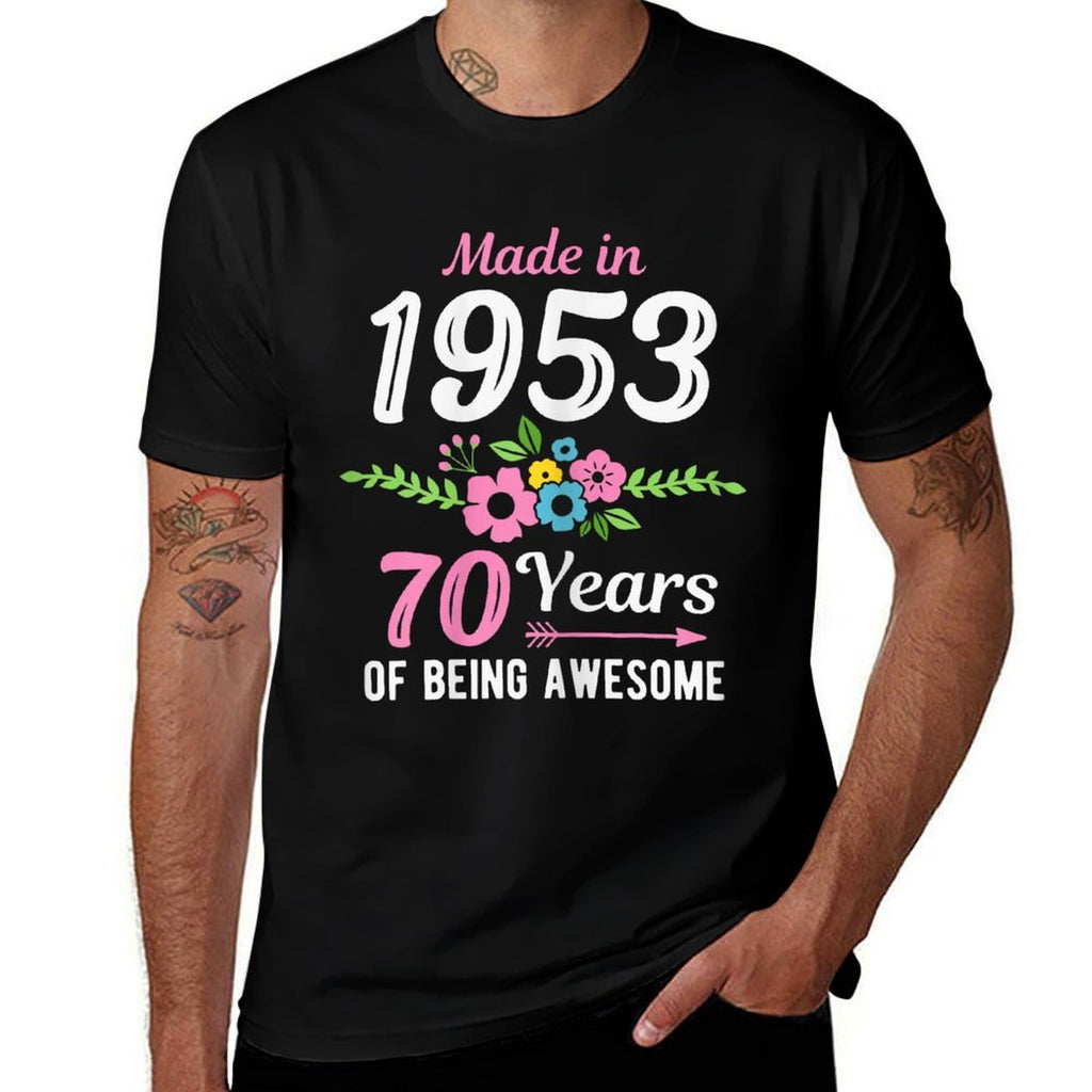 Womens Made In 1953 Floral 70th Birthday  Ribbed Collar T-Shirt