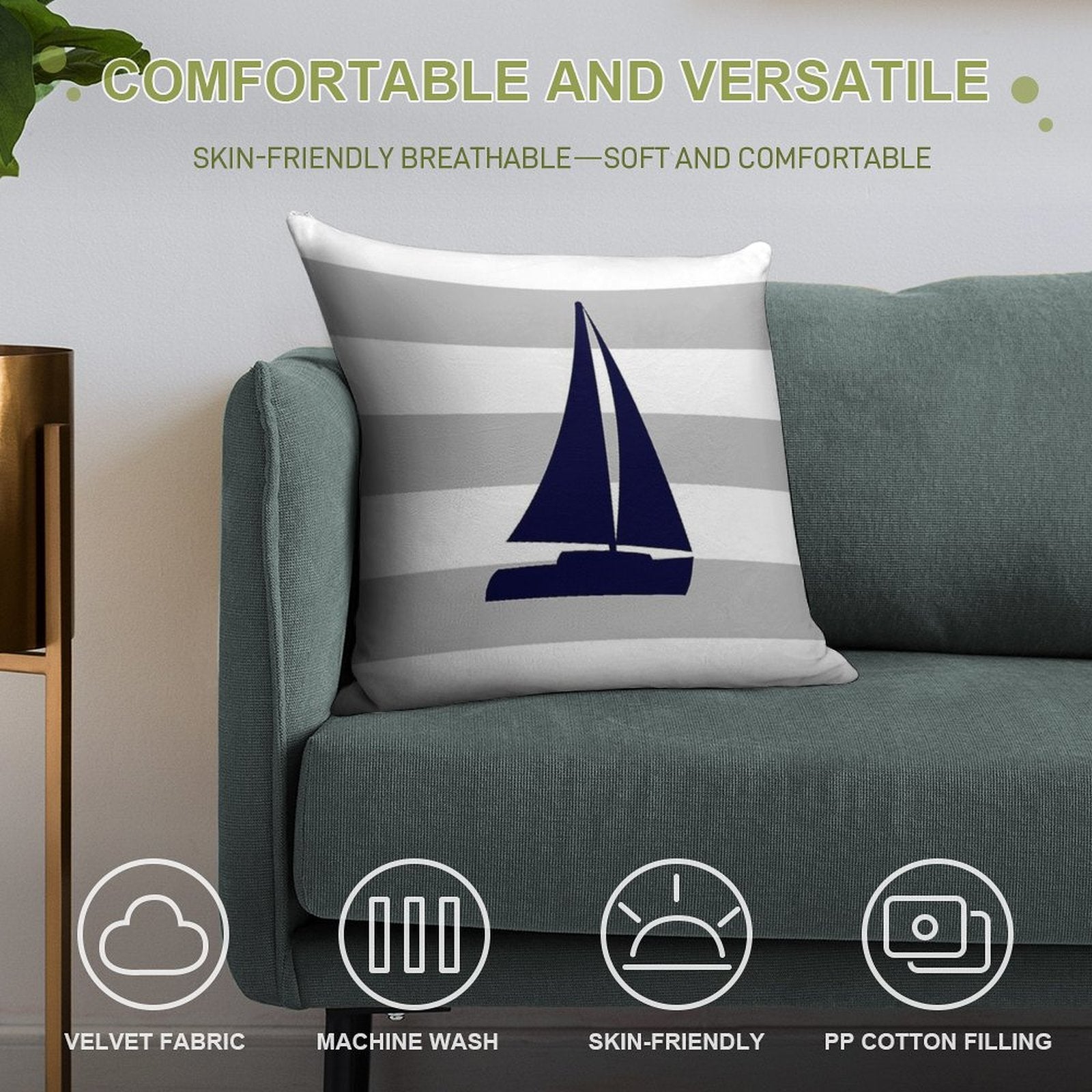 Nautical Navy Blue Sailboat On Silver Gray Stripes Soft Washable Throw Pillow