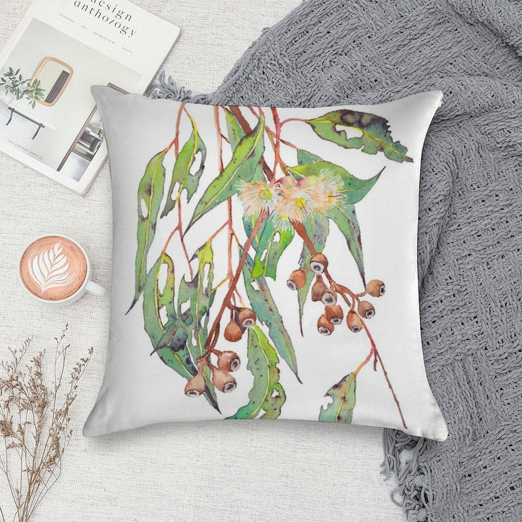 Watercolour Eucalyptus Tree Branch with White Flowers & Gumnuts. Soft Style Accent Throw Pillow