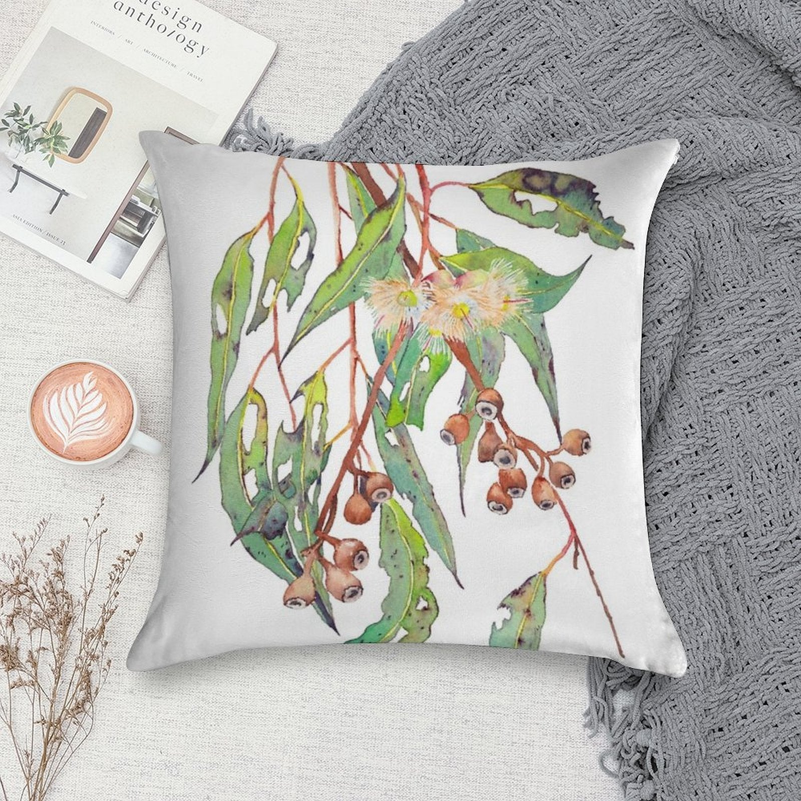Watercolour Eucalyptus Tree Branch with White Flowers & Gumnuts. Soft Style Accent Throw Pillow