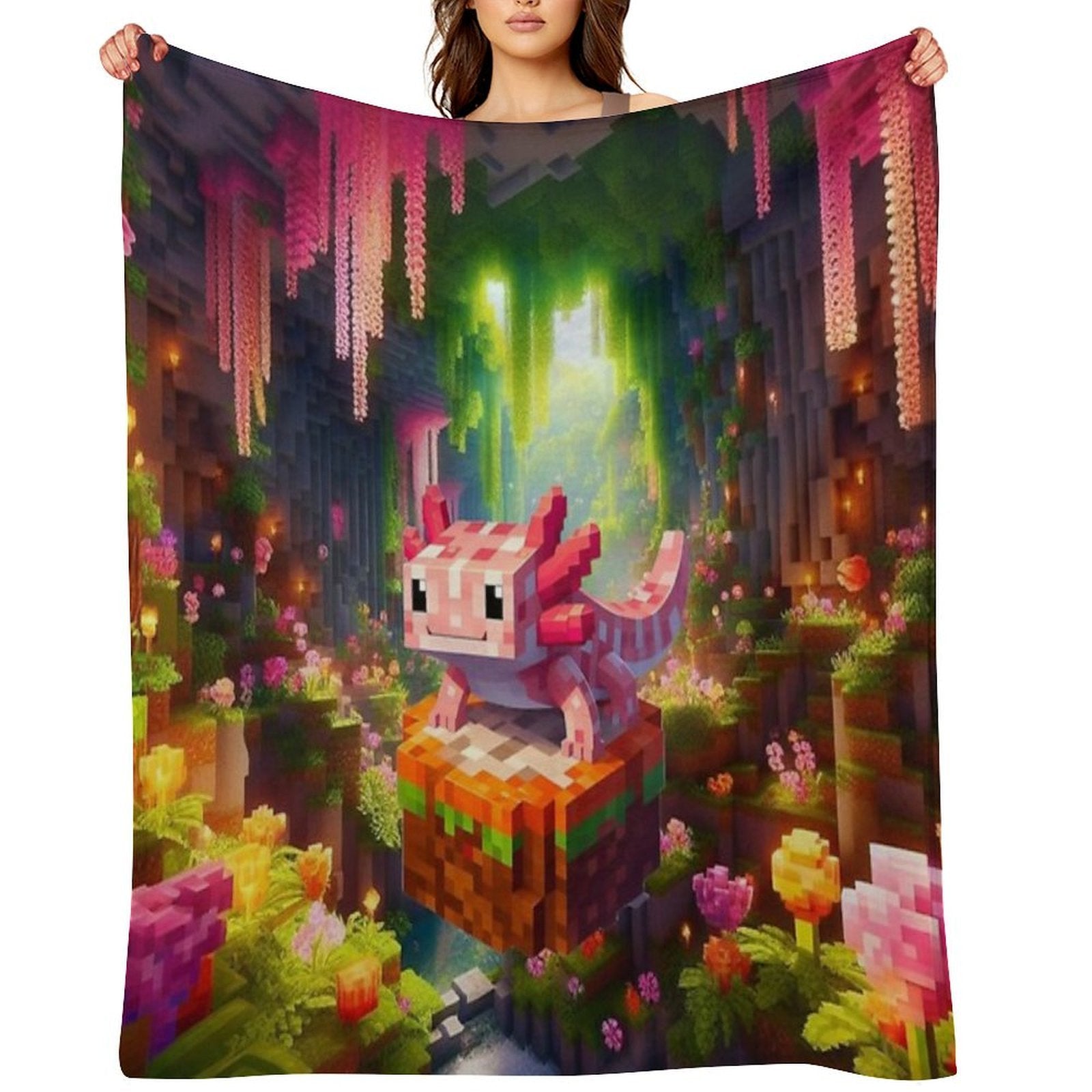 Cute Pink Minecraft Axolotl on Block Plush Throw Blanket