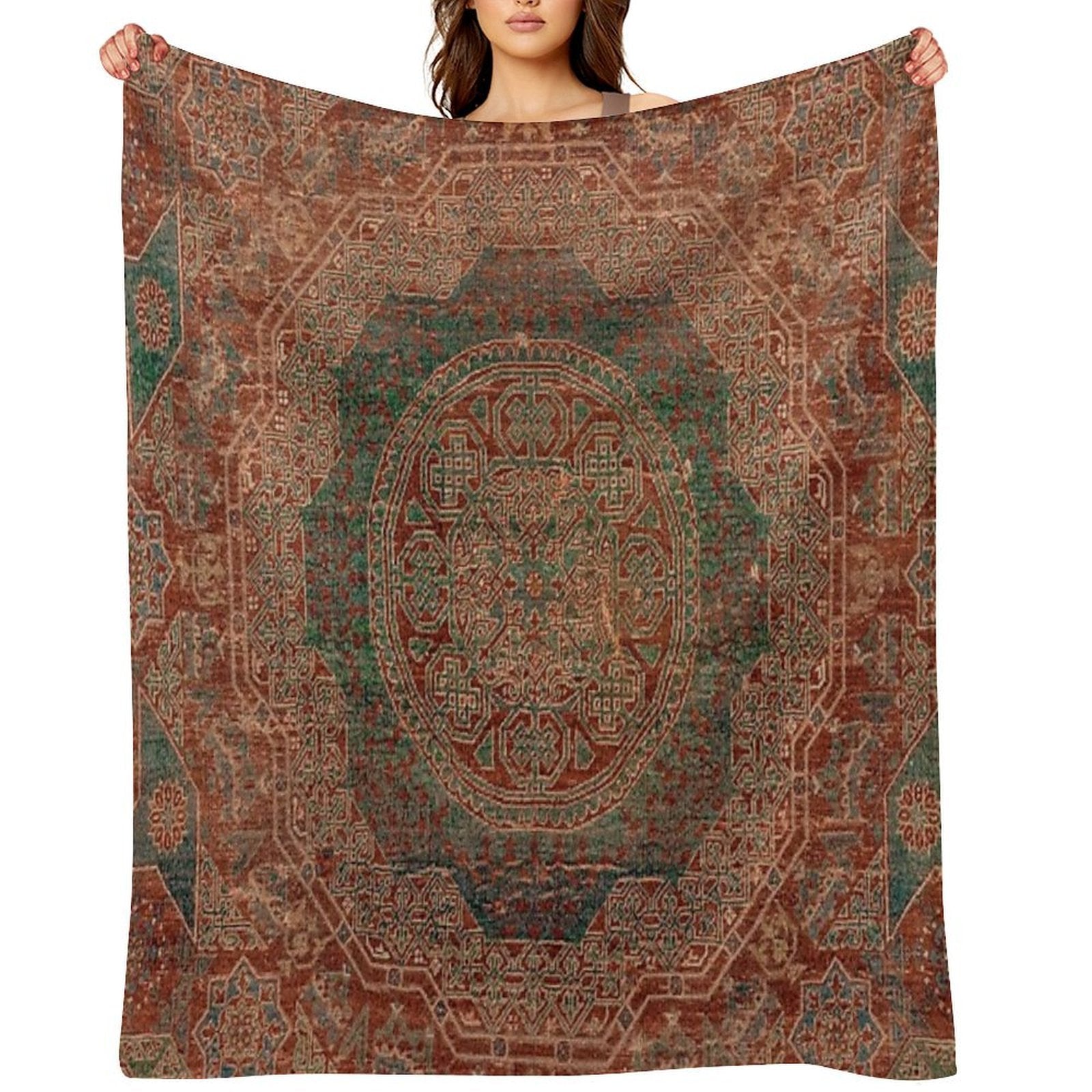 Bohemian Medallion I  15th Century Old Distressed Red Green Colorful Ornate Accent Rug Pattern Eco-conscious Throw Blanket
