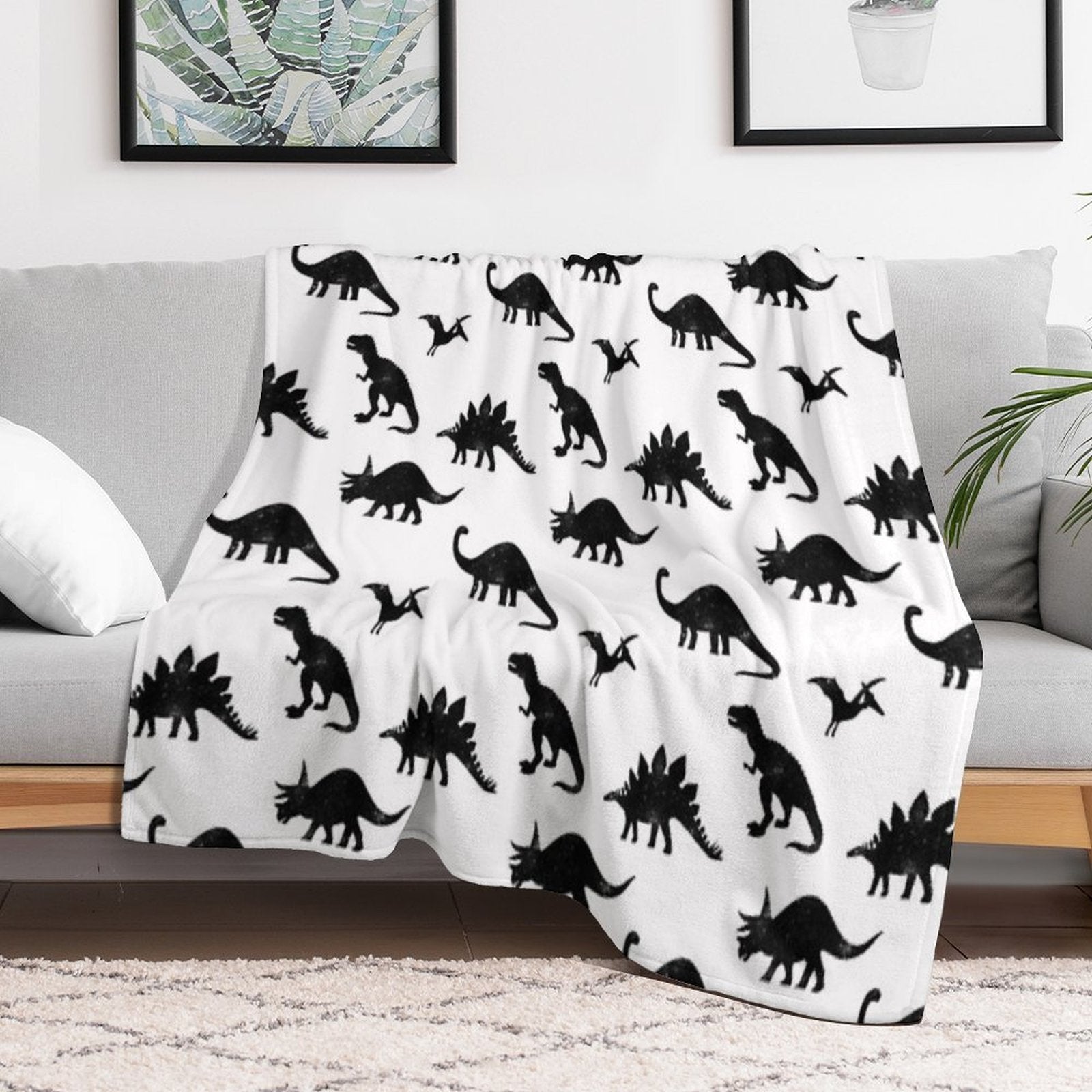 Black + White Dinosaurs Compact Throw Blanket