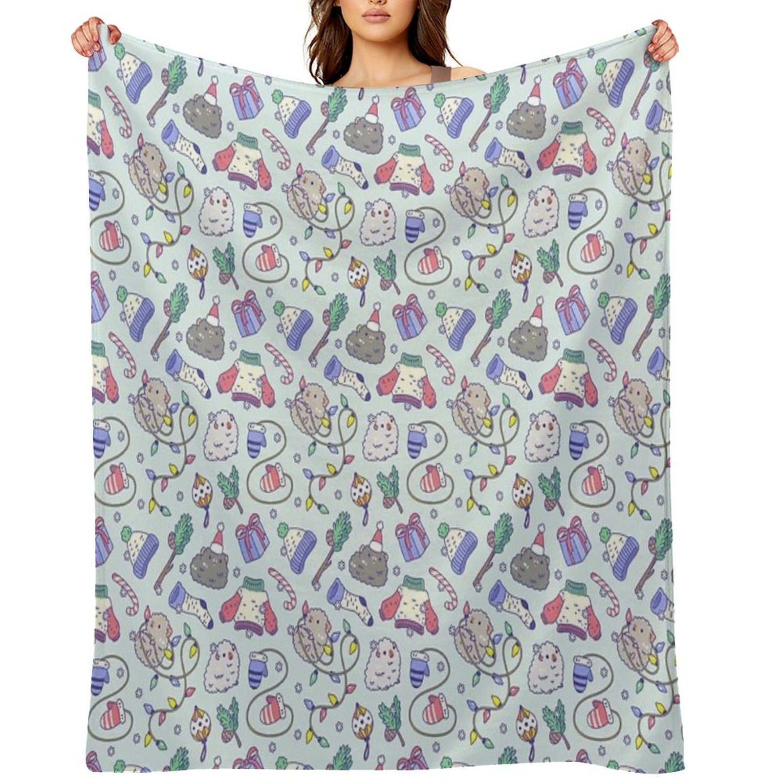 Teddy Guinea Pigs Christmas Patten in Mint Green Background Easy Care Throw Blanket