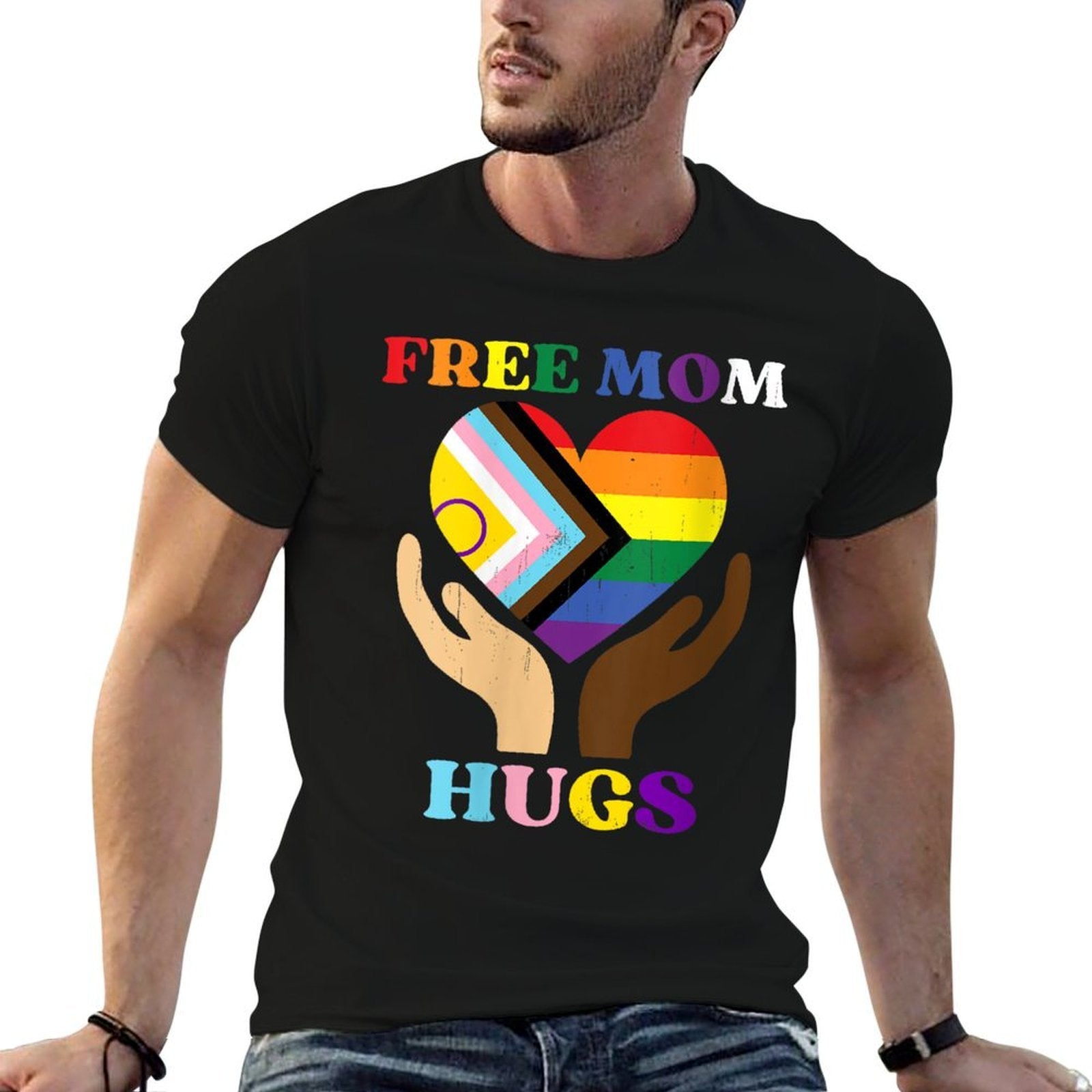 Womens Vintage Retro Free Mom Hugs Supports LGBTQ+ Gay Pride Month  Soft T-Shirt
