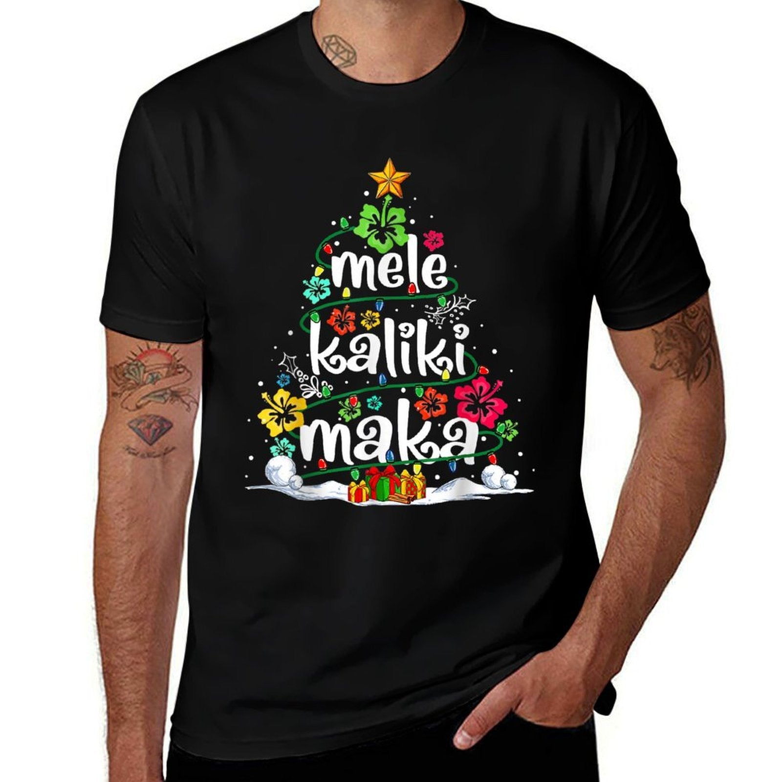 Hawaiian Floral Christmas Tree Mele Kalikimaka Tropical Xmas  Oversized Silhouette T-Shirt