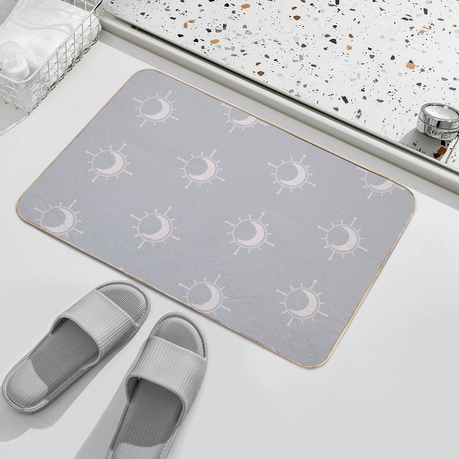 Cosmic Sun And Moon Design Soft Aesthetic In Muted Colors Stone Blue  Anti-Trip Bath Mat
